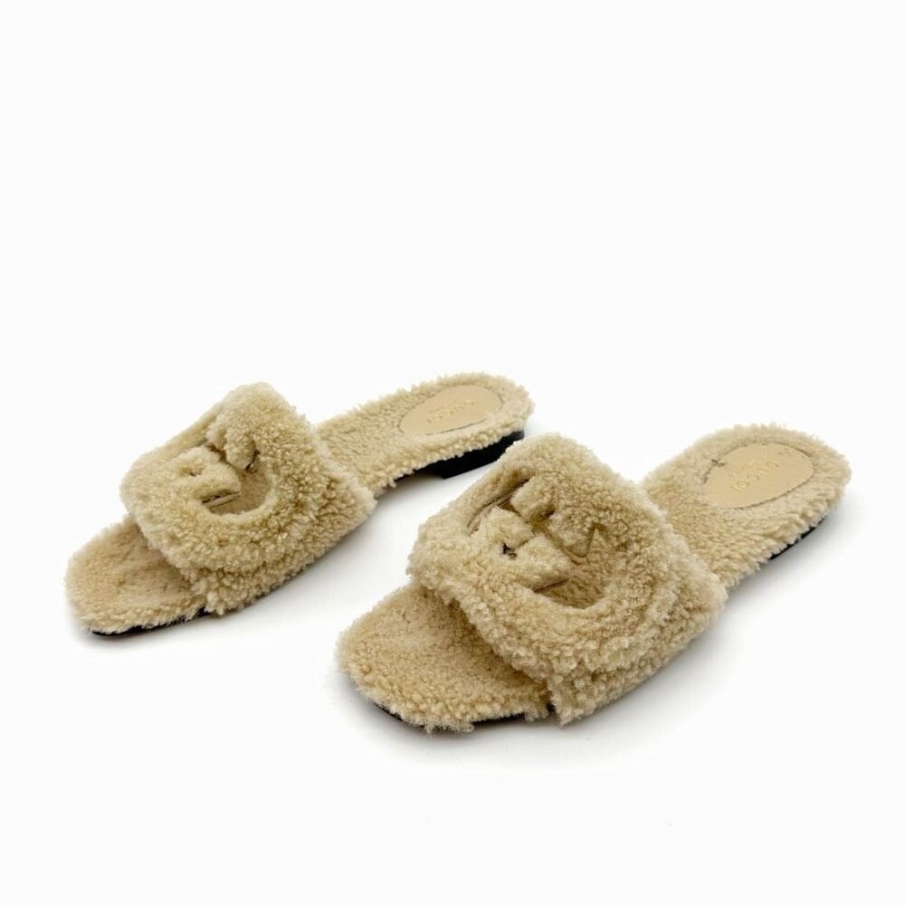 GUCCI Wool Shearling Fur GG Sandal Mule 37.5 Interlocking GG Logo Slip On Slide